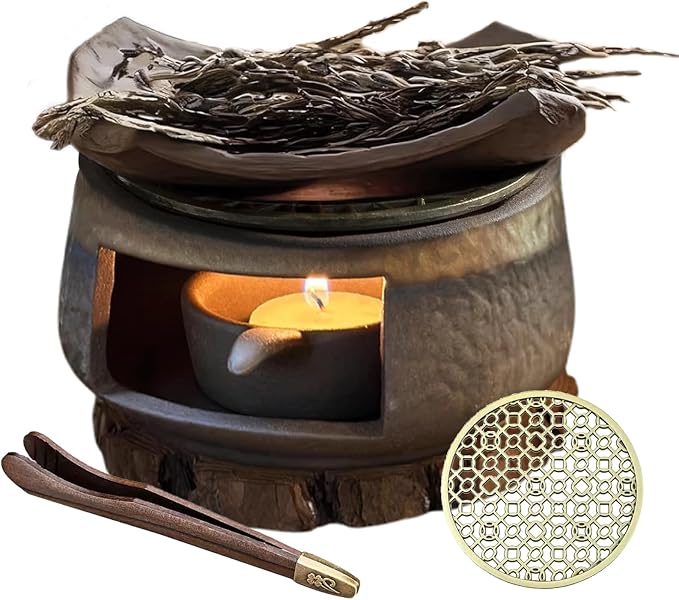 Incense Burner & Candle Warmer | Ceramic Aromatherapy Diffuser Includes Wooden Clips and Pads for Wax Melts, Dried Herbs and Palo Santo | Bedtime Calm
