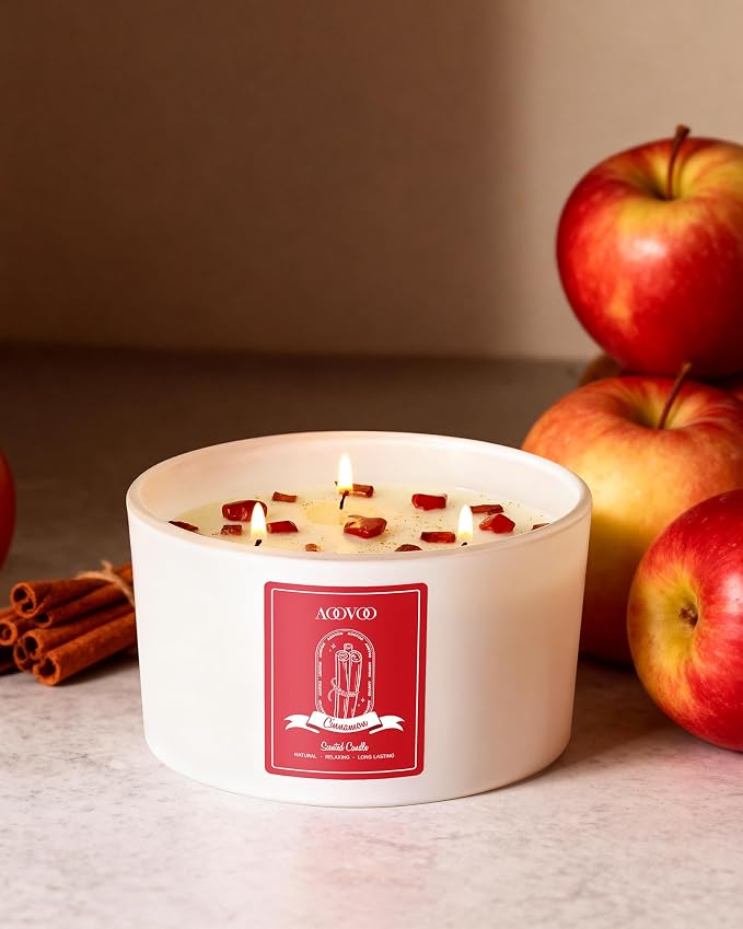 AOOVOO Apple Cinnamon Scented Candles for Women - 20oz 3 Wick Soy Candles for Home Scented, Aromatherapy Candle with Crystals Inside, Birthday Gifts Valentines Day Candle for Women Mom