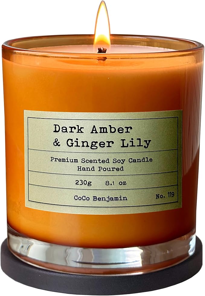 100% Natural Soy Wax Candle by CoCo Benjamin - Highly Scented & Hand-Poured Luxury Candle (Dark Amber & Ginger Lily)- Clean Burning Cotton Wick