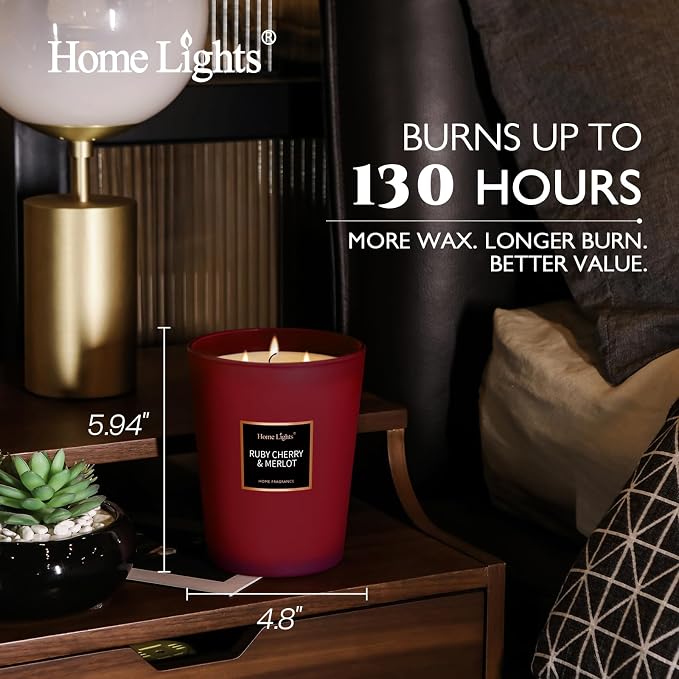 HomeLights Scented Candles - Large Jar Aromatherapy, Natural Soy Wax, 130 Hour Long Burning, Ruby Cherry & Merlot