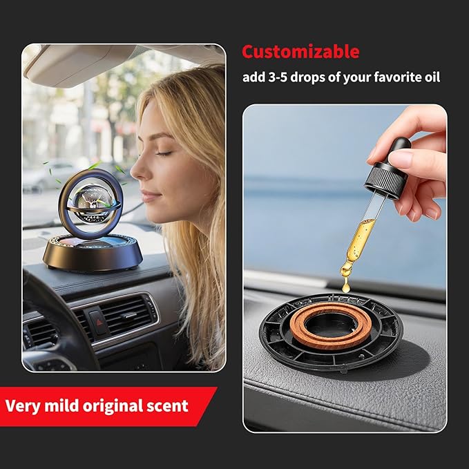 Kwak’s Solar-Powered Rotating Car Aromatherapy Auto-Spinning Ornament with Refillable Scent Pad, Subtle Ocean Fragrance, Ideal Gift for Men Women Dad Husband for Dashboard (Black-1)