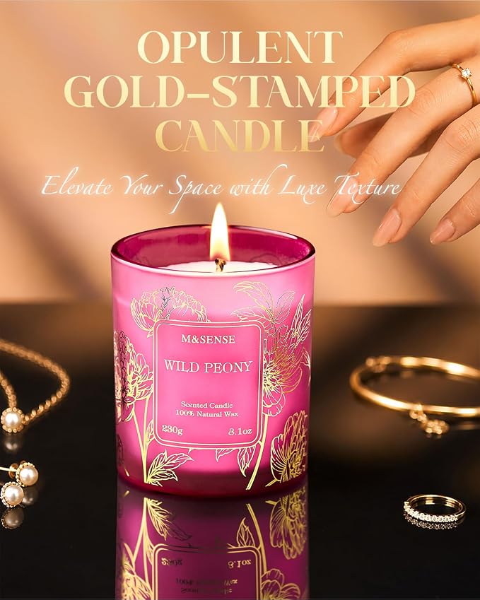 M&SENSE Wild Peony Floral Scented Candles, Natural Soy Wax Non Toxic Candle for Home, 8.1oz 42-Hour Long Lasting Burning Time, Summer Romance Home Fragrance Gifts for Women