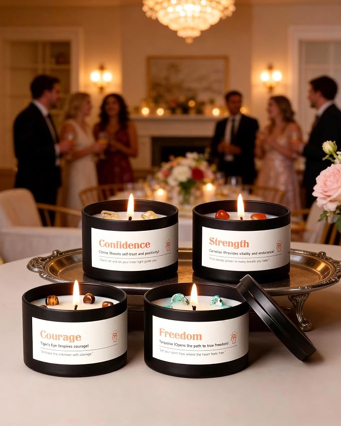 AOOVOO Crystal Empower Candles Set for Women - 4 Pack 26 oz Soy Wax Candles for Home Scented, 200 Hour Long Lasting Candle, Freedom Turquoise/Confidence Citrine/Strength Carnelian/Courage Tiger's Eye