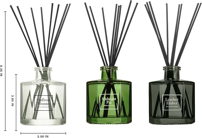 Bellevue Reed Diffuser Set, Three 6 fl oz Glass Filled Diffuser, Highly Concentrated Fragrances with Essential Oils, Home Fragrance (Leather Ember, Midnight Fig, Saffron Blooms)