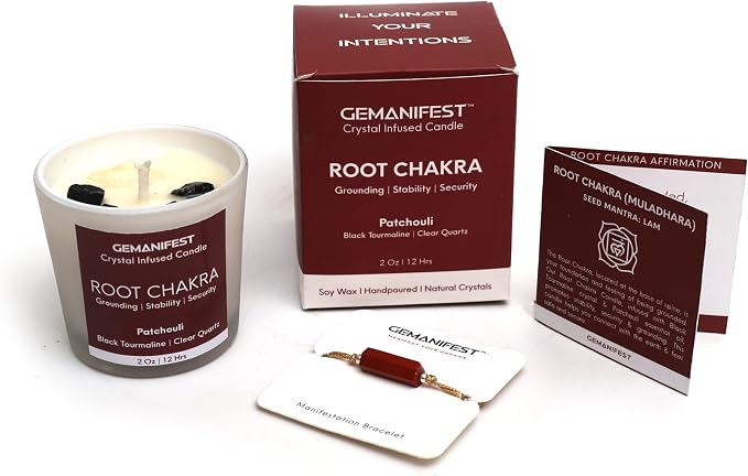 Root Chakra Meditation Candle with Red Jasper Energy Healing Bracelet Patchouli Crystal Candles for Protection Stability and Grounding Best Spiritual Meditation Gifts for Women and Men