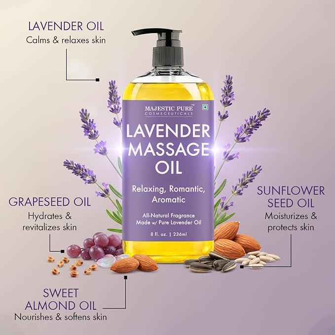 MAJESTIC PURE Lavender Massage Oil for Massage Therapy - Refreshing, and Relaxing - Natural Oils with Lavender Essential Oil - for All Skin Types - Men and Women Massage Lotion - 8 fl oz