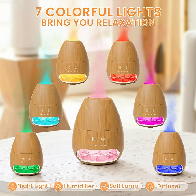 Ultrasonic Essential Oil Diffuser with Himalayan Salt Rock,Flame Diffuser with 7 LED Light,100ML Small Aromatherapy Oil Diffuser with Auto Off Function for Home, Office,Spa,Wooden Grain