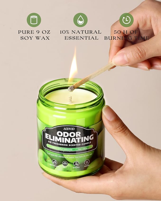 AOOVOO 4 Pack Green Apple Odor Eliminating Highly Fragranced Candle - Eliminates 95% of Pet, Smoke, Food, and Other Smells Quickly, Non Toxic Air Freshing Soy Candle