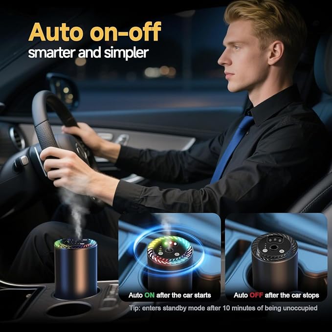 Smart Car Air Freshener with Star Light & 150ml Diffusers Oil Refills, Auto On/Off Aroma Diffuser, 3 Adjustable Modes Rechargeable Aromatizante para Carro - Car Diffuser（Mahogany Teakwood*3）