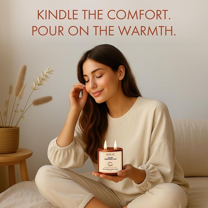 Majestic Pure Pumpkin Cinnamon Scented Candle with Upto 45+ Hrs Burn Time, 2-Wick Candle, Soy Wax Blend for Cleaner Consistent Burn, 10 oz Jar Candle with Room Filling Fragrance, Spiced Chai