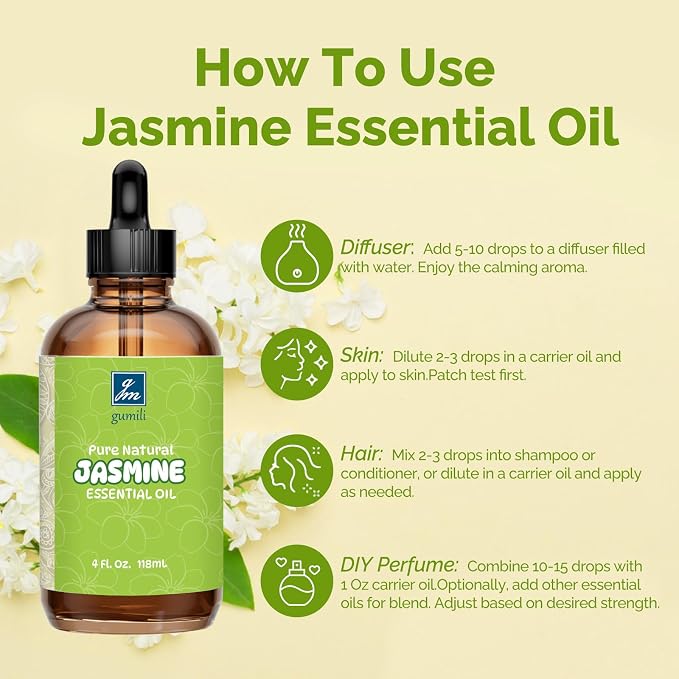 GM Gumili Jasmine Essential Oil 4 Oz, 100% Pure Jasmine Oil for Diffuser, Skin, Hair, Body & Face, Perfume, Floral Scent for Relaxation, Aromatherapy & Massage