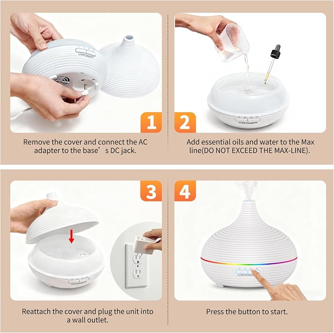 URPOWER 300ml Sleep Diffuser for Bedroom, All-Night Essential Oil Diffuser, Quiet Ultrasonic Cool Mist, Auto-Off & Timer, 7 LED Color Diffusers Humidifier for Home Office & Large Rooms