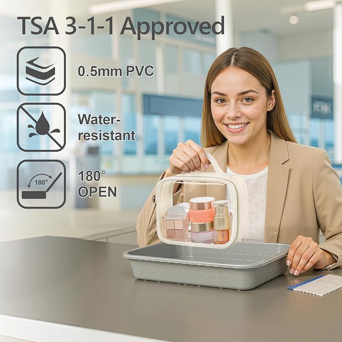PACKISM Clear Makeup Bag Combo Pack, 1 TSA Approved Medium & Large for Checked Luggage, Clear Toiletry Bag with Handle, Water-resistant Travel Essentials Organizer, Creamy Off-White