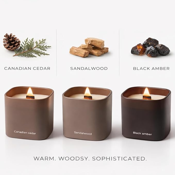 Set of 3 Premium Scented Soy Candles Gift Set | Dusk to Dawn Collection - Canadian Cedar, Black Amber & Sandalwood | Crackling Wood Wick | Luxury Candles for Relaxation, Home Décor, Gifts | 9.8oz Each