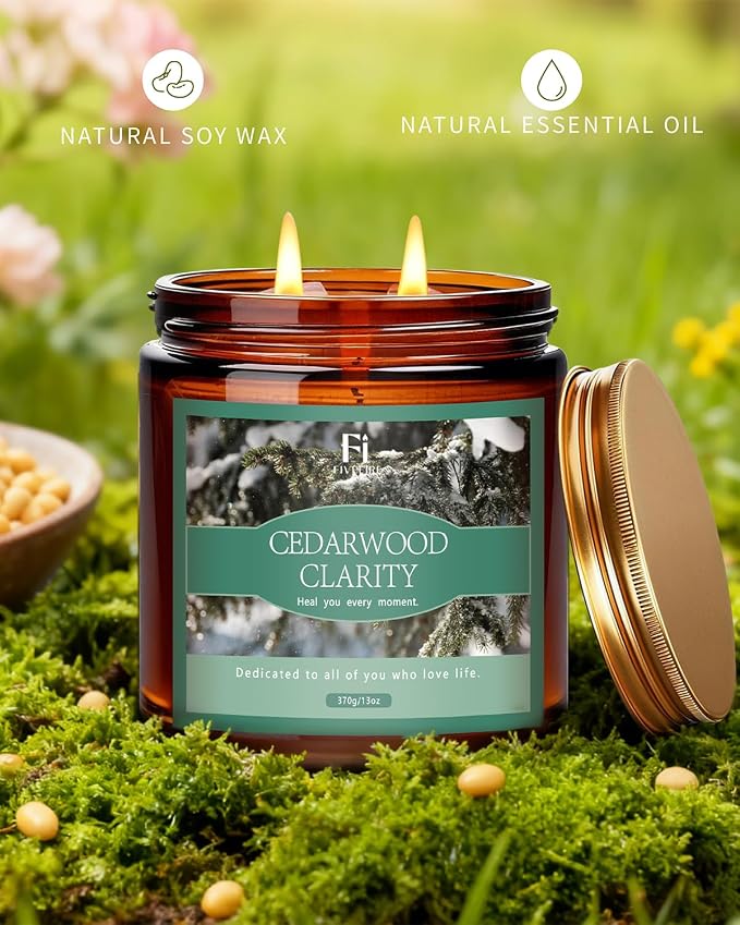 Cedarwood Scented Soy Candle 13oz, Clean Burning Jar Candle with Cotton Wick, Up to 76 Hour Burn, Woodsy Aromatherapy Candle for Relaxation & Focus, Housewarming Gift