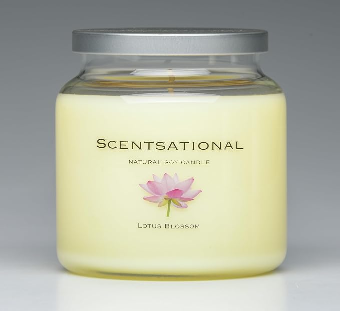 Scentsational Lotus Blossom Soy Candle, 19 oz Glass Jar with Lid, 55-60 Hour Burn Time