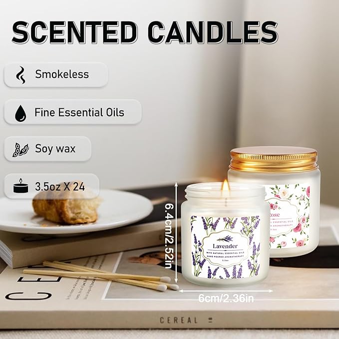 Scented Candle Set 24 Pack,White, Candle for Home Scented, Odor Eliminating, Stress Relief, Long Lasting Soy Wax Gift Set
