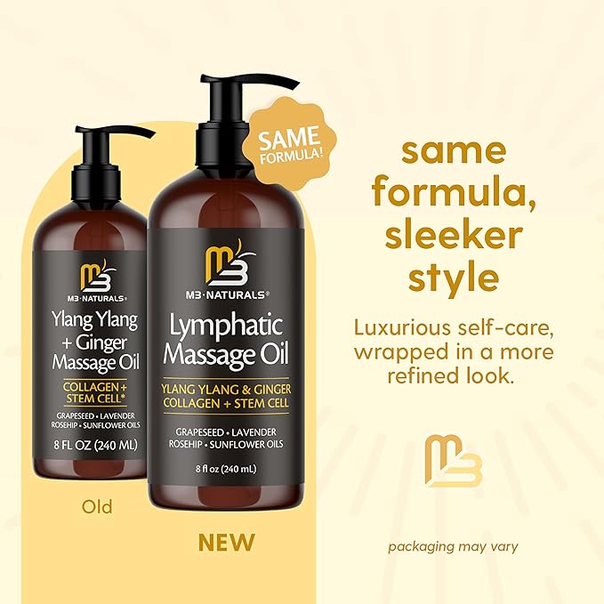 Lymphatic Massage Oil for Massage Therapy - Lymphatic Drainage Oil for Body Care Circulation & Detox Support with Ylang Ylang, Ginger, Lavender, Grapeseed, Vitamin E & Stem Cell (8 Fl Oz) by M3
