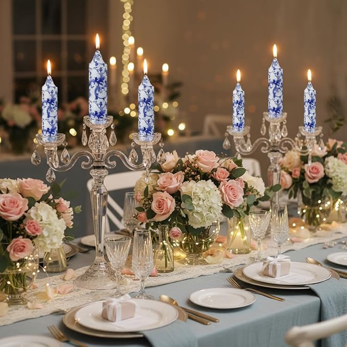 5 Inch Blue and White Tapered Candles Short Floral Candlesticks Hand Poured Unscented Smokeless Porcelain Candles for Dining Everyday Meals Family Dinner Elegance Blue White Porcelain Style