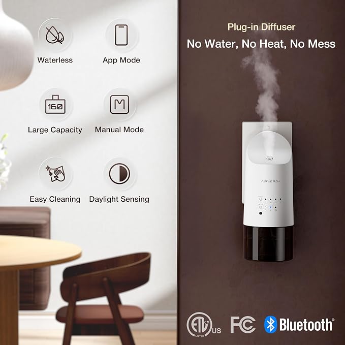 Airversa Smart Waterless Diffuser Plug in Wall for Essential Oils, 160mL, App Control Scent Diffuser with Buttons, Up to 800 sq ft, Oil Diffuser for Home, Room, Spa, Office, Studio, ANP White Kit