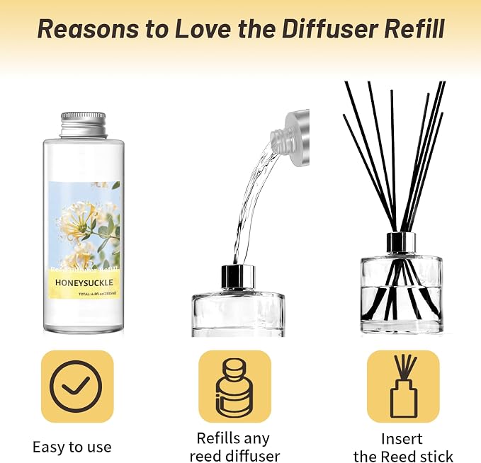STRN Reed Diffuser Oil Refill, Honeysuckle Scented Diffuser Oil Refills with 6 Reed Sticks 200ML(6.8fl.oz), Room Fresheners for Home, Long-Lasting Summer Fragrance for Living Room, Bedroom, Office
