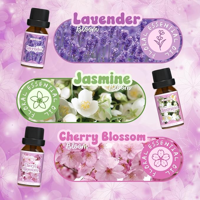 ARVIDSSON Floral Essential Oils Set, Natural Flower Essential Oil Gift for Women - Lavender, Jasmine, Cherry Blossom, Gardenia, White Tea, Rose, 6 x 10 mL
