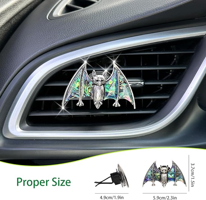 ORIESSE Bat Air Vent Clip Car Air Freshener Outlet Clips Natural Abalone Shell Seashell Color Vampire Bat Car Accessories Gothic Car Decor Refillable Car Diffuser Clips (Medium Bat)
