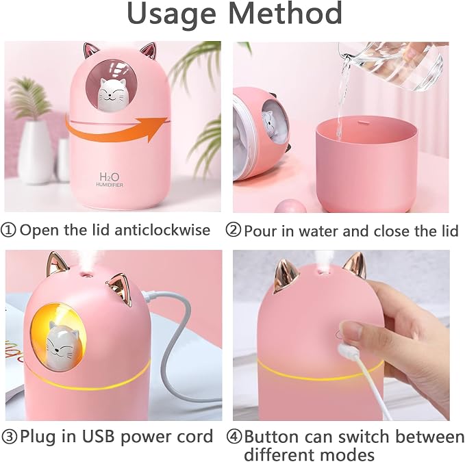 Small Humidifier Cute Portable Cool Mist 300ML 7 Color Night Light USB Air Humidifier for Bedroom Office Desk Car Plants Travel (Pink)