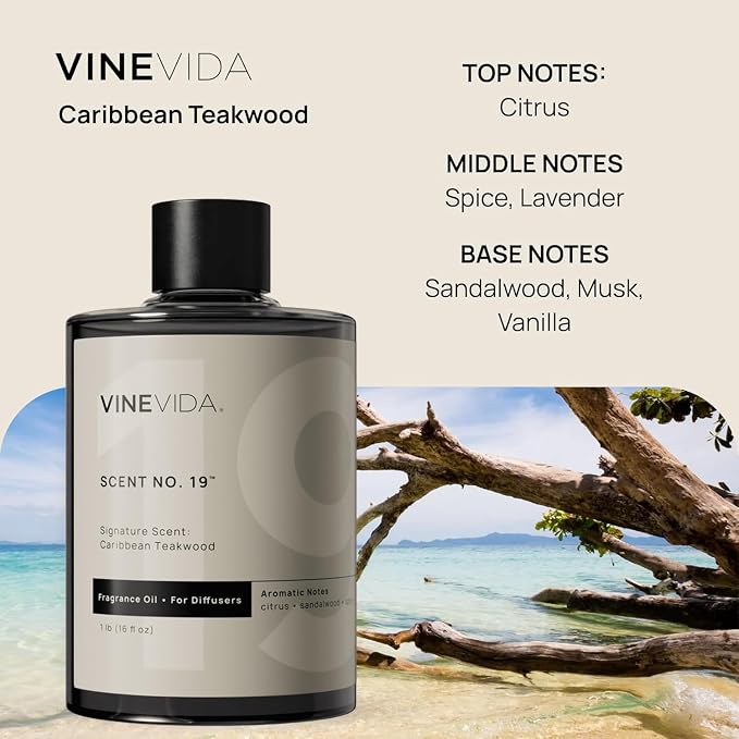 VINEVIDA [16 Fl Oz] Caribbean Teakwood Fragrance Oil for Cold Air Diffusers, Essential Oils for Diffuser Oil Refill & Air Freshener Room Spray