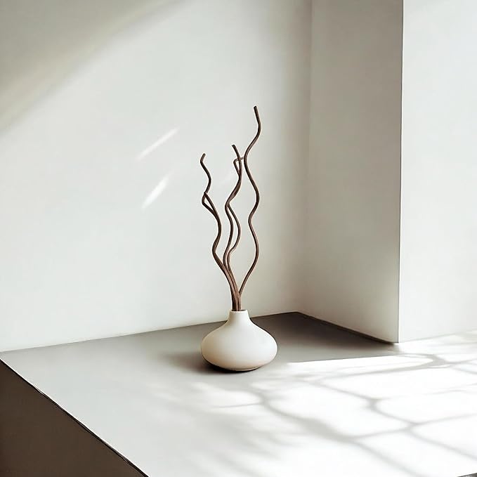 White Ceramic Vase, DIY Empty Reed Diffuser Bottle with Wavy Brown Rattan Sticks for Essential Oils, Set of 2, Aromatherapy, Modern Minimal Decor