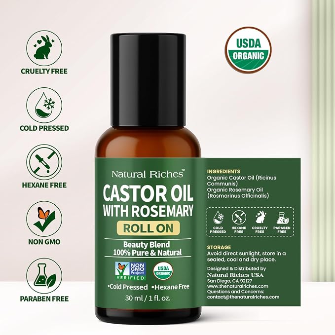 Natural Riches Organic Castor Oil with Rosemary Roll On for Hair Growth & Skin Care - Essential Oil Roller for Eyebrows, Eyelashes - Cold Pressed & Hexane Free Formula - 1 fl oz