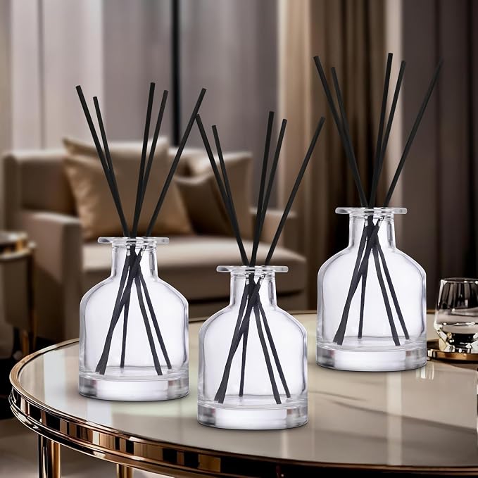 4 Pack Perfume Reed Diffuser Bottle,Empty Big Belly Aromatherapy Essential Oil Bottles Glass Jar with Black Sticks for DIY Fragrance Replacement Diffuser Sets (150ml/ 5 oz, Transparent Color)