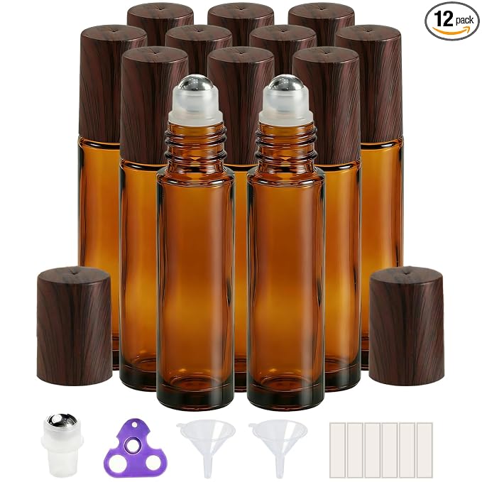 PrettyCare 12 Pack, 10 ml Essential Oil Roller Bottles with Stainless Steel Roller Ball - Refillable Leak-proof Empty Thick Amber Glass Roll on Bottles with Wooden Caps for Travel, Perfume
