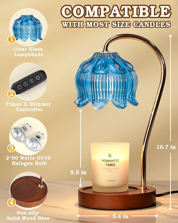 Funistree Flower Candle Warmer Lamp with Timer, Dimmable Candle Lamp Warmer, Christmas Birthday Gifts for Women Mom Her, Housewarming Home Decor, Lotus Wax Warmer for Yankee - Blue Lily 10 Inch