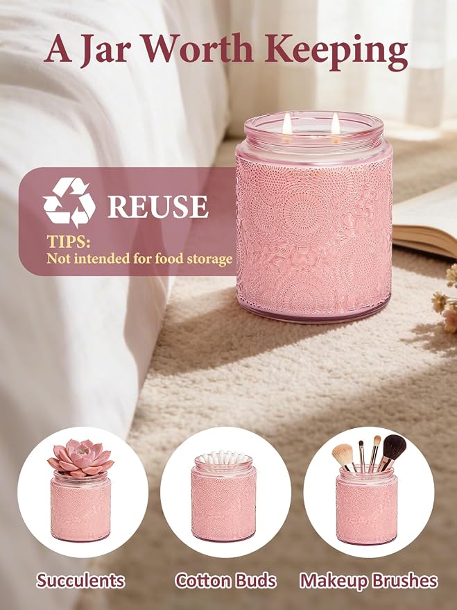 Cirhy Rose Scented Candle, Pink Candle for Women – Natural Soy Wax, Dual Cotton Wicks, 50-Hour Long Burning, Perfect Birthday, Christmas & Holiday Gift for Her, Home Fragrance 7.4 oz