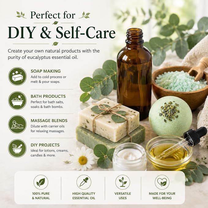 2 Bottles – GreenHealth Eucalyptus Essential Oil – 16 fl oz Each (32 fl oz Total) – 100% Pure & Uncut – Bulk Aromatherapy Oil in Aluminum Bottles – for Diffuser, Cleaning, DIY, Home Fragrance