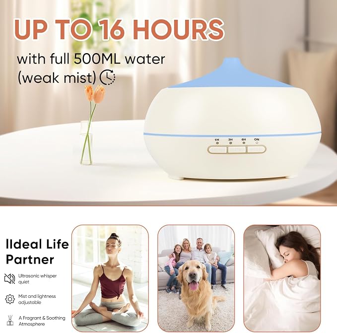 HAPPTWS 500ML Essential Oil Diffuser - BPA Free Ultrasonic Aromatherapy Diffuser, with 7-Color Lights - Waterless Auto Shut Off - Milky white