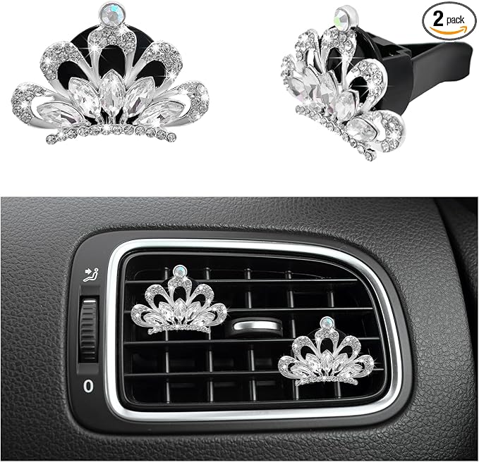 Yourkar 2 PCS Bling Car Air Vent Clips, Crystal Rhinestone Crown Vent Decorative Air Freshener Clips, Sparkly Diamond A/C Outlet Aroma Diffuser Clip for Vehicles, Car Accessories (White)
