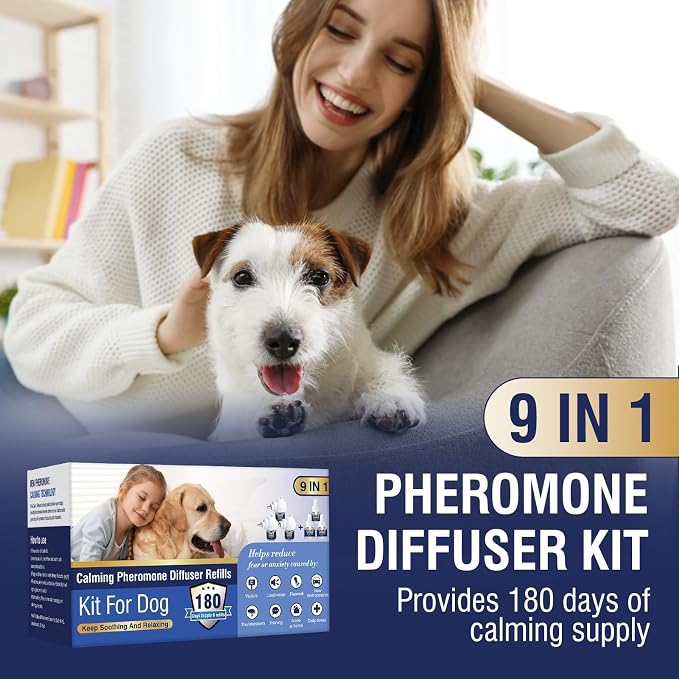 Dog Pheromones Calming Diffuser Kit Appeasing Pheromone Diffuser to Calm (3 Plug in+ 6 Pack 48ml Refill) for Anxiety Relieve Relief Reduce Aggression Fighting Barking Stress 180 Day Supply (Lemon)