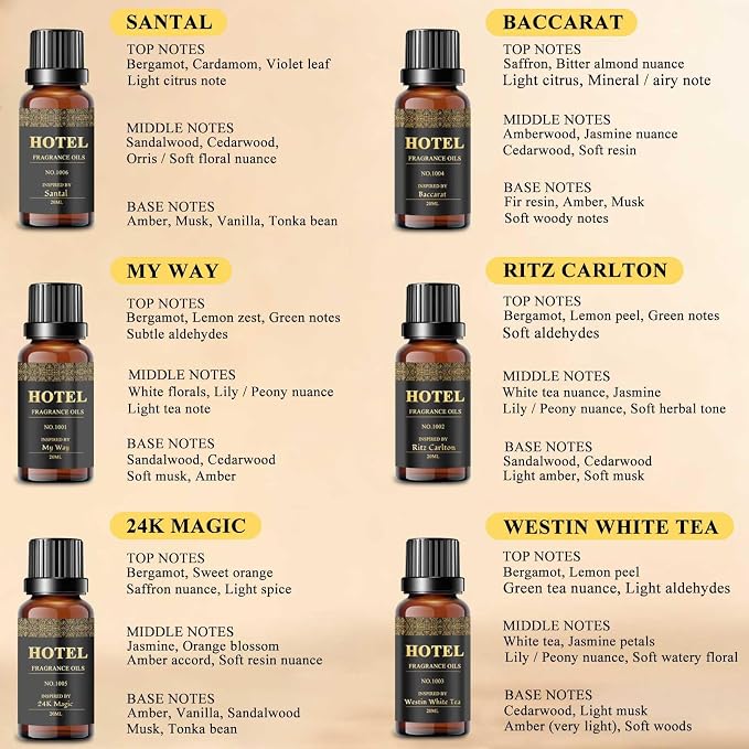 Hotel Diffuser Oil Set - Inspired by My Way, Baccarat, Westin White Tea, Santal, 24k Magic, Ritz-Carlton Hotel Scent Essential Oil Set Large Capacity, 20ml - (Pack of 6)