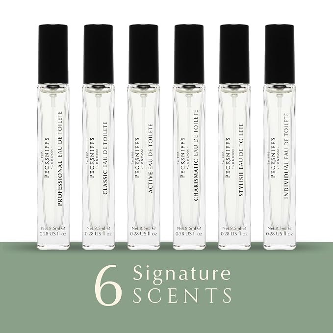 Pecksniff’s Men’s Fine Fragrance Gift Set – 6x10ml Eau de Toilette Collection – Luxury Cologne Sampler, Designed in England