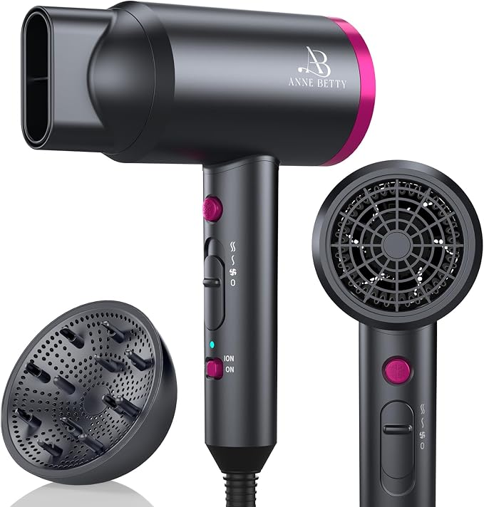 ANNE BETTY Ionic Hair Dryer with Diffuser, Powerful 1800W Blow Dryer for Women & Men, Fast-Drying Hair Dryer with Nozzle for Home, Salon, Travel