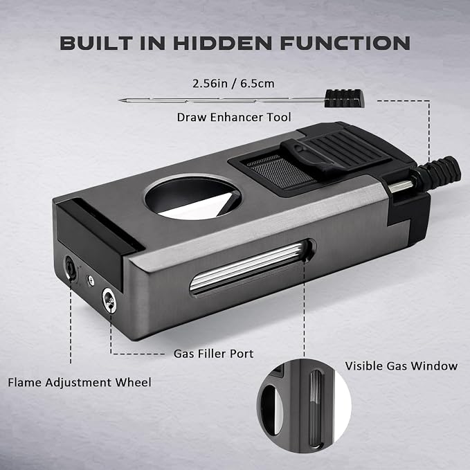 5-in-1 Dual Jet Flame Butane Torch Lighter Built-in V Cutter, Punch, Holder, Draw Enhancer Tool, Windproof Refillable Butane Lighter Gift for Men, Cool Lighters for Candle, Outdoor (No Gas)