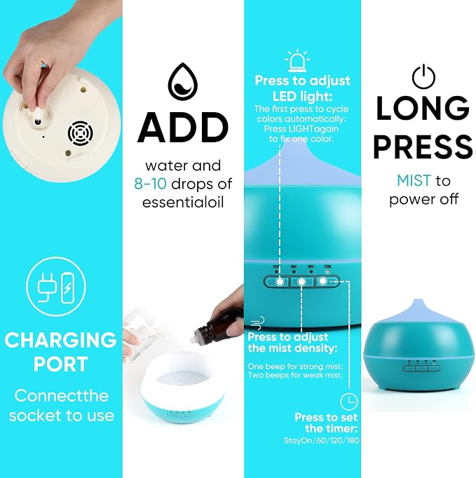 HAPPTWS 500ML Essential Oil Diffuser - BPA Free Ultrasonic Aromatherapy Diffuser, with 7-Color Lights Waterless Auto Shut Off for Home、Room、pet Room - Blue