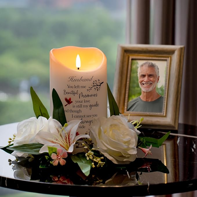 Flameless Memorial Candle for Loss of Husband, Real Wax LED Light with Remote Sympathy Bereavement Gifts for Loss of Loved One Memorial Gifts for Loss of Husband Remembrance Gifts (4" x 7")