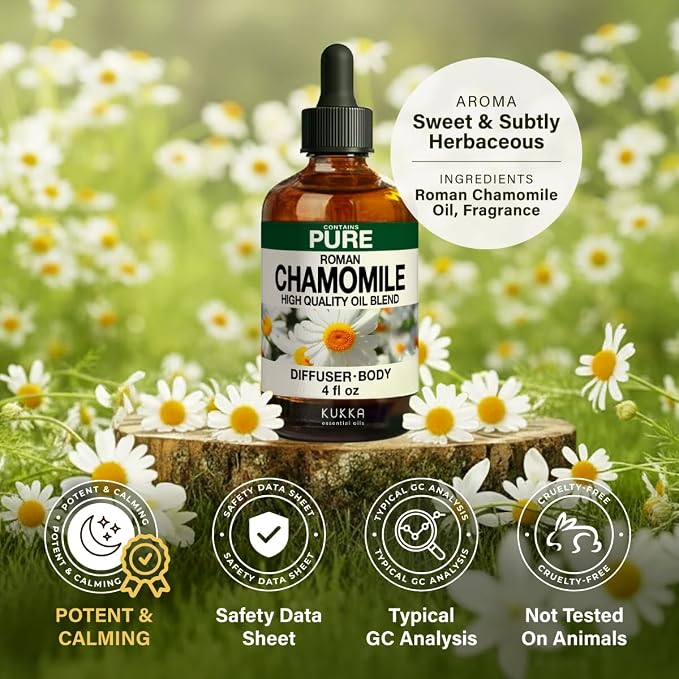 100% Pure Roman Chamomile Oil - 4 Fl Oz Roman Chamomile Essential Oil for Hair, Skin, Diffuser, Aromatherapy & DIY Soap Making Scent
