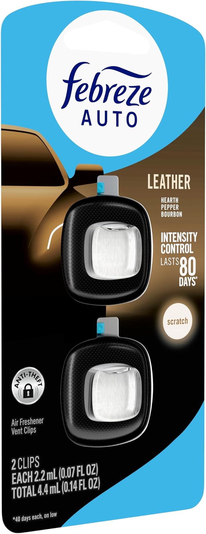 Febreze AUTO Air Freshener, Odor-Fighting Automotive Vent Clip, Scented Car Accessories, Long Lasting for Strong Odors, Leather, 2 Count