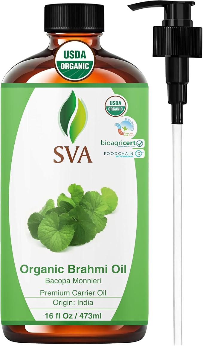 SVA Brahmi Oil Organic - 16 Fl Oz – 100% Natural Cold Pressed Organic Brahmi- for Face, Skin Care, Hair Care, Scalp Massage & Body Massage – Carrier Oil