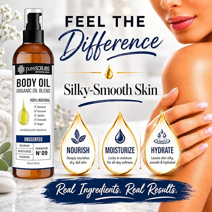 pureSCRUBS Ultra Moisturizing Unscented Body Oil for Dry Skin, Lightweight Full Body Moisturizer for Soft, Silky Skin, Massage & Cuticle Oil, Vitamin E Enriched, 4 oz