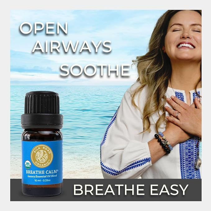 Silk Road Organic Breathe Calm Essential Oil Breathe Easy Blend for Cold, Cough, Congestion, Sinus & Allergy Support – USDA Certified Aromatherapy undiluted 10 ml Dropper